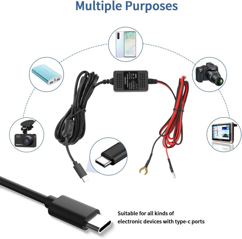ssontong Upgraded Dash Cam Hardwire Kit, Type-C USB Hard Wire Kit 12V-24V to 5V Hardwire Kit with Low Voltage Protection 13ft Dash Cam Charger Power Cord for Dashcam GPS Power Supply Radar Detectors and More - Image 2